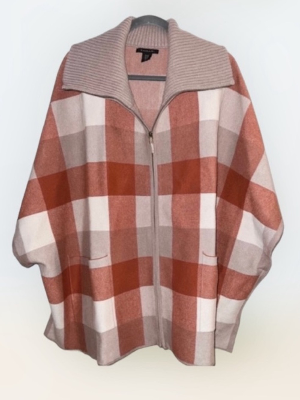 Tahari US Sz L/XL Sweater Zip-up Plaid Poncho